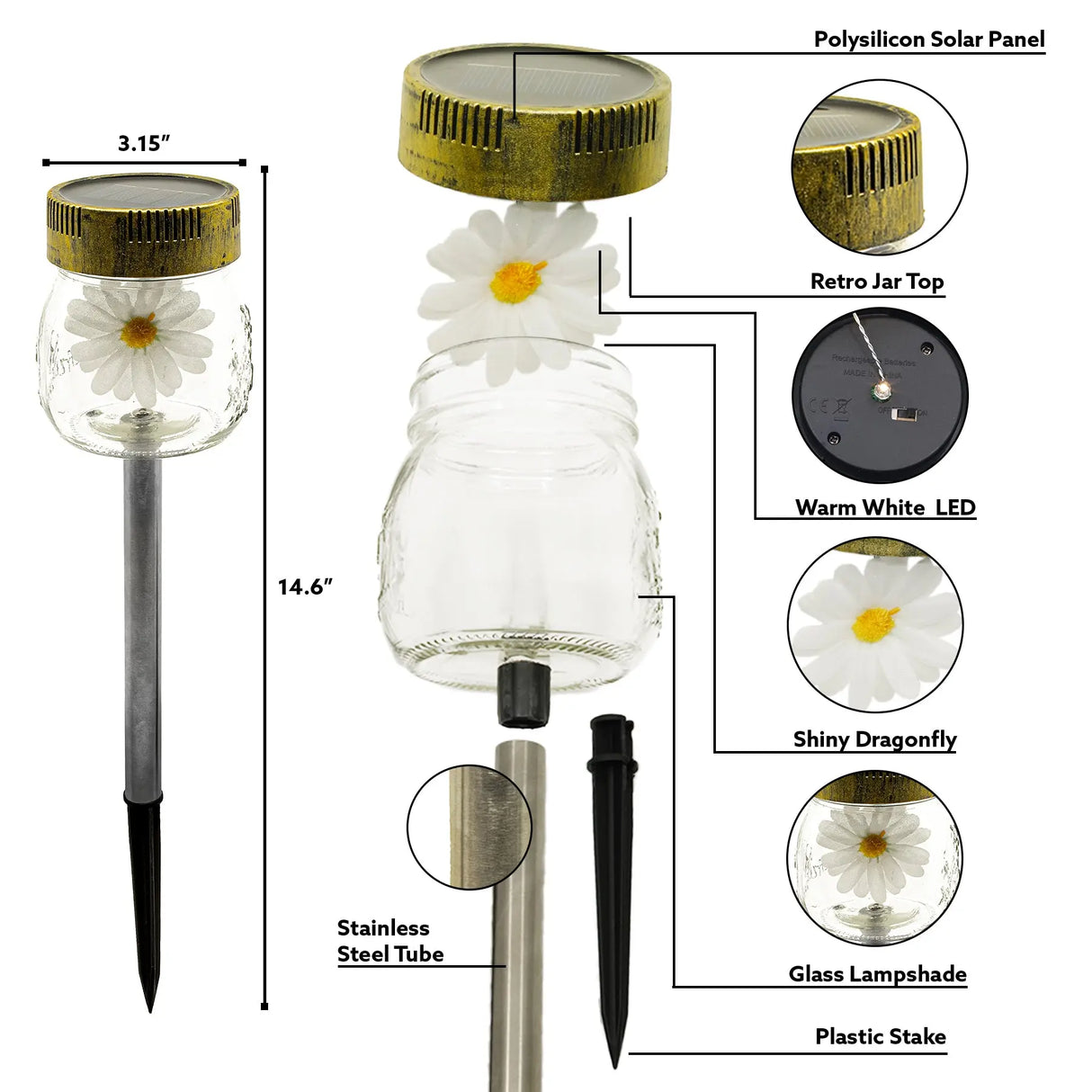 Daisy Flower Jar Solar Pathway Light, Set of 3 ShopFGI