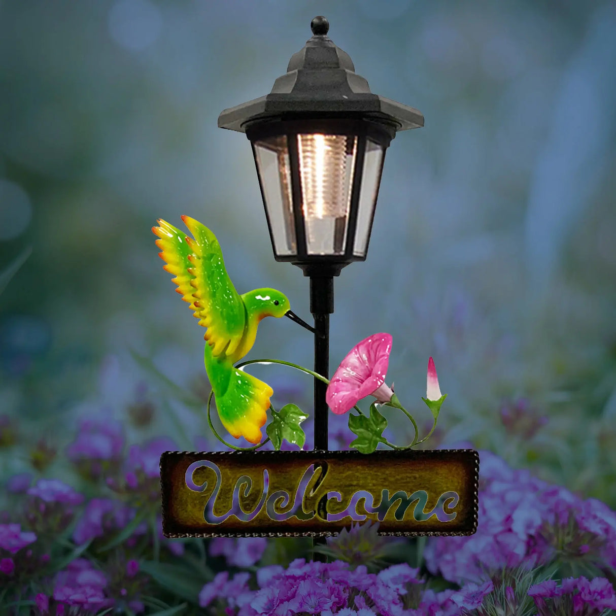Hummingbird Welcome Sign Solar Stake Light ShopFGI