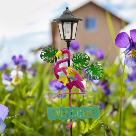 Frog and Flamingo Welcome Sign Solar Garden Stake Crosslight