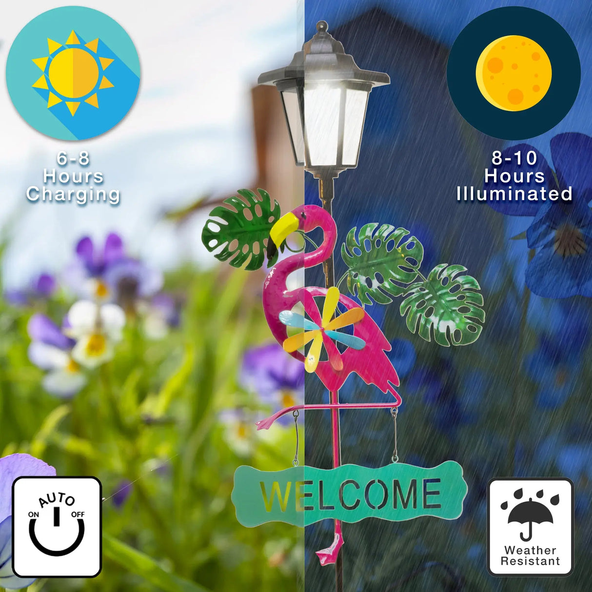 Frog and Flamingo Welcome Sign Solar Garden Stake Crosslight