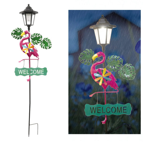 Frog and Flamingo Welcome Sign Solar Garden Stake Crosslight