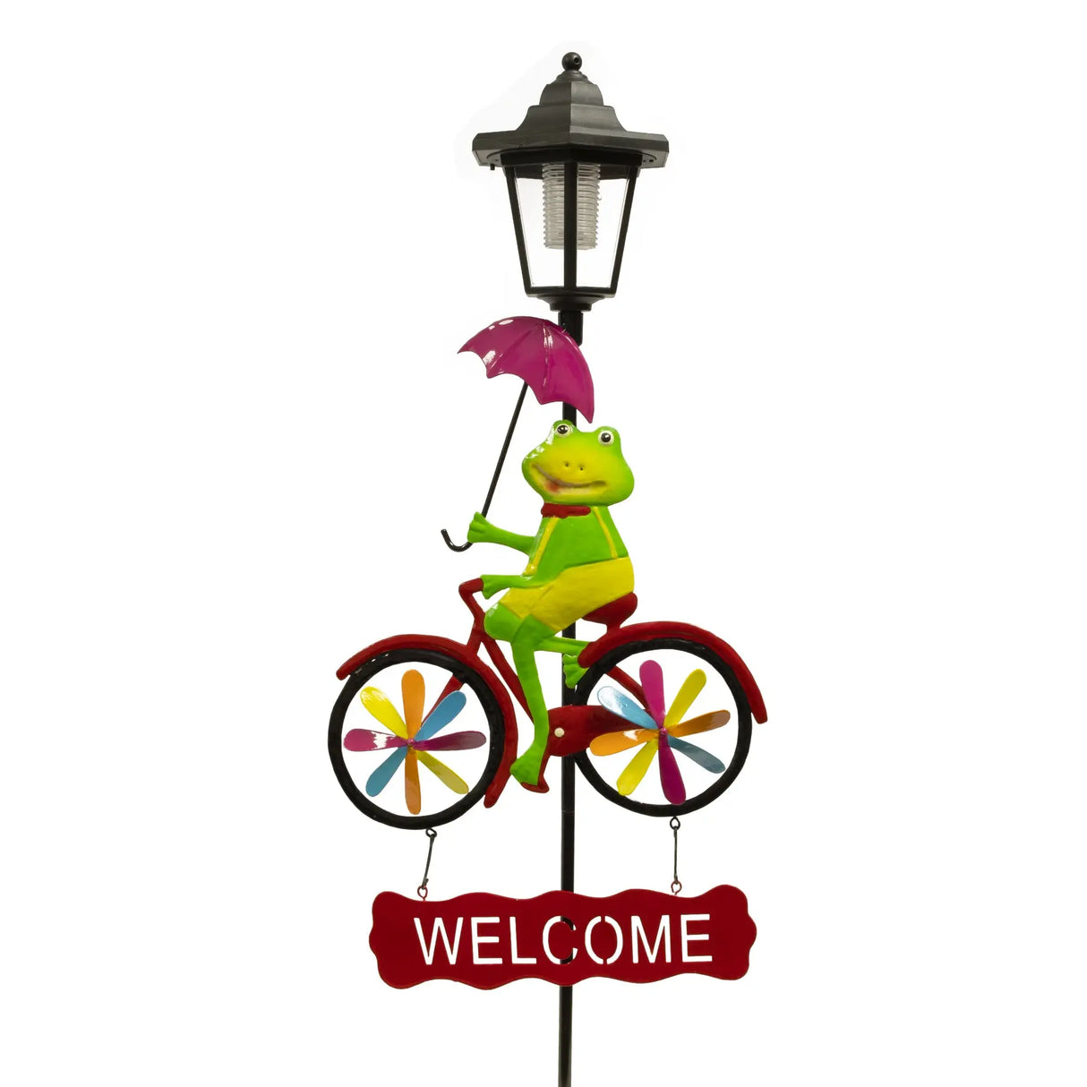 Frog and Flamingo Welcome Sign Solar Garden Stake Crosslight