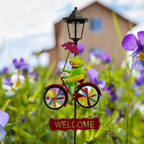 Frog and Flamingo Welcome Sign Solar Garden Stake Crosslight