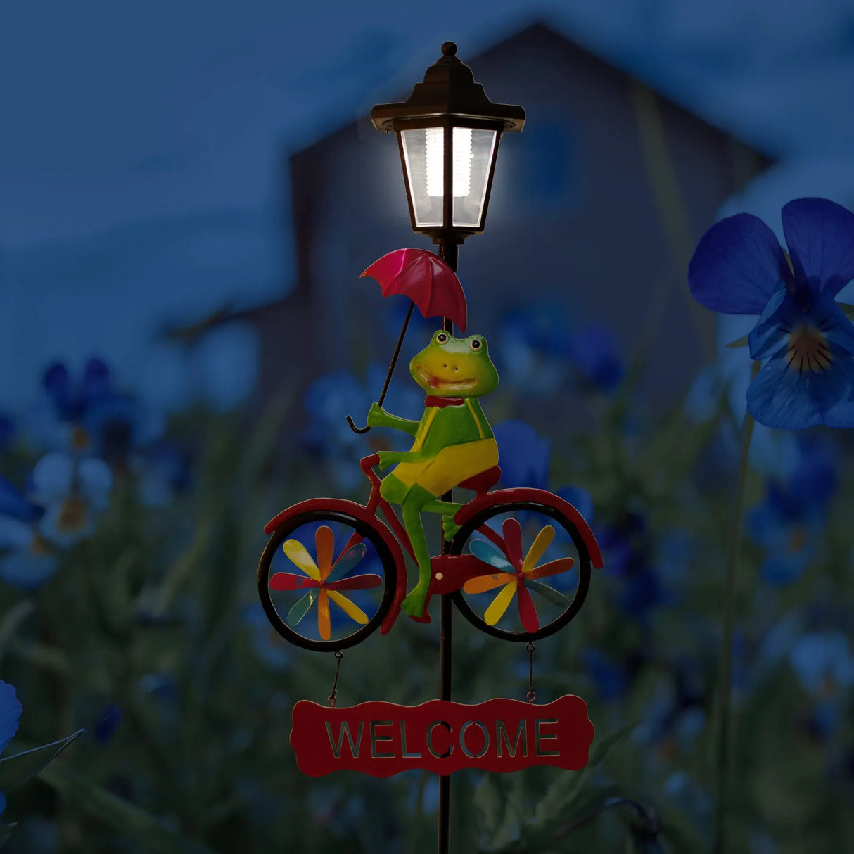 Frog and Flamingo Welcome Sign Solar Garden Stake Crosslight