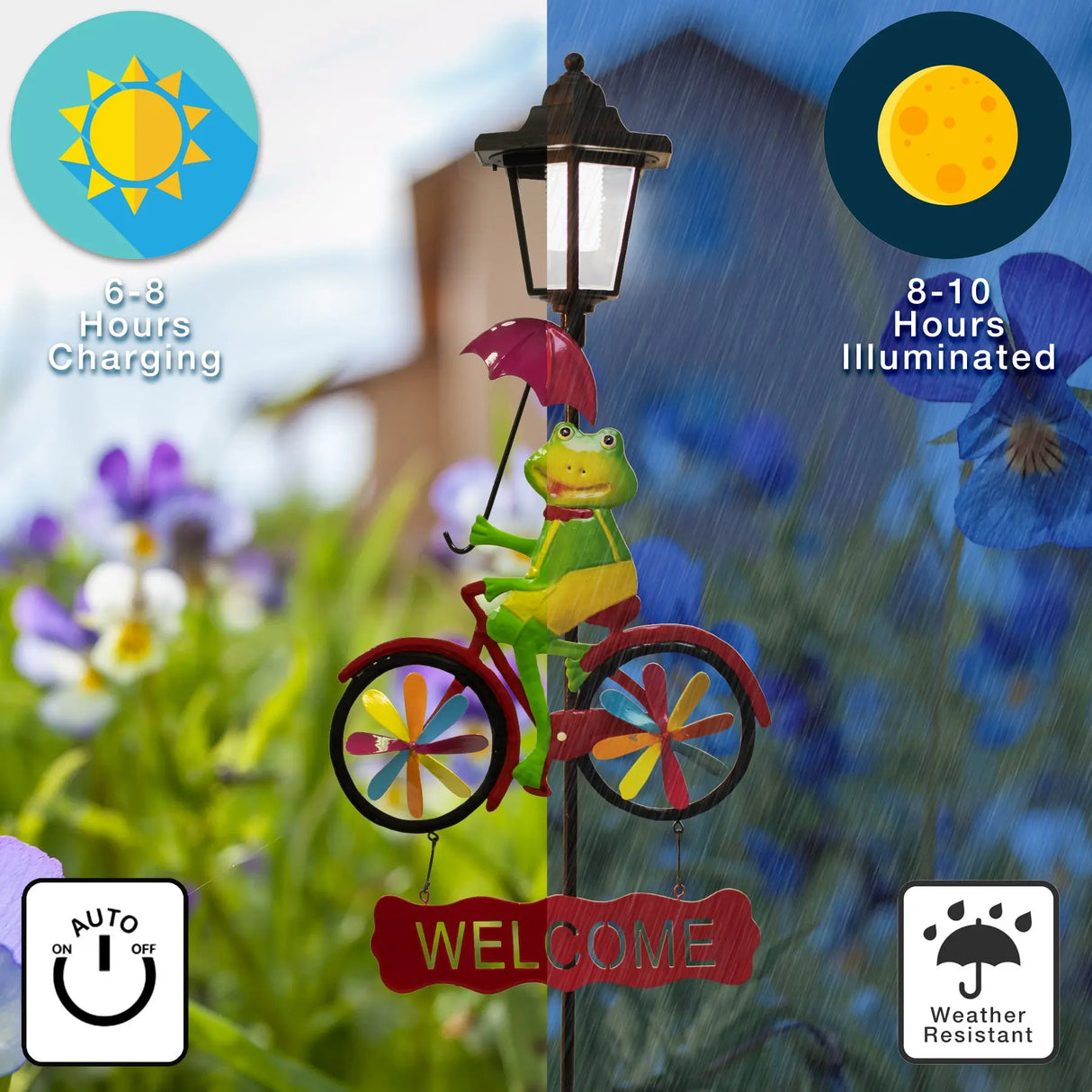 Frog and Flamingo Welcome Sign Solar Garden Stake Crosslight