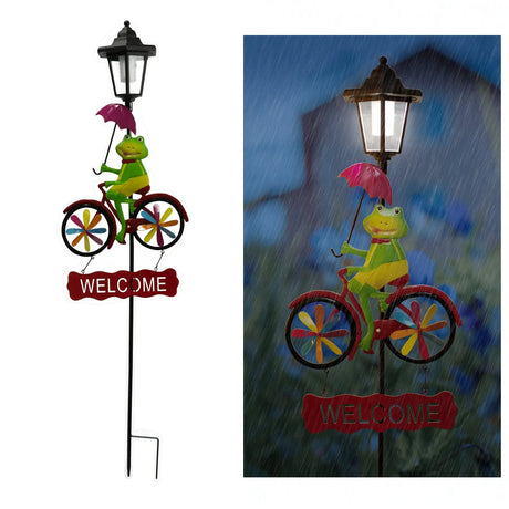 Frog and Flamingo Welcome Sign Solar Garden Stake Crosslight
