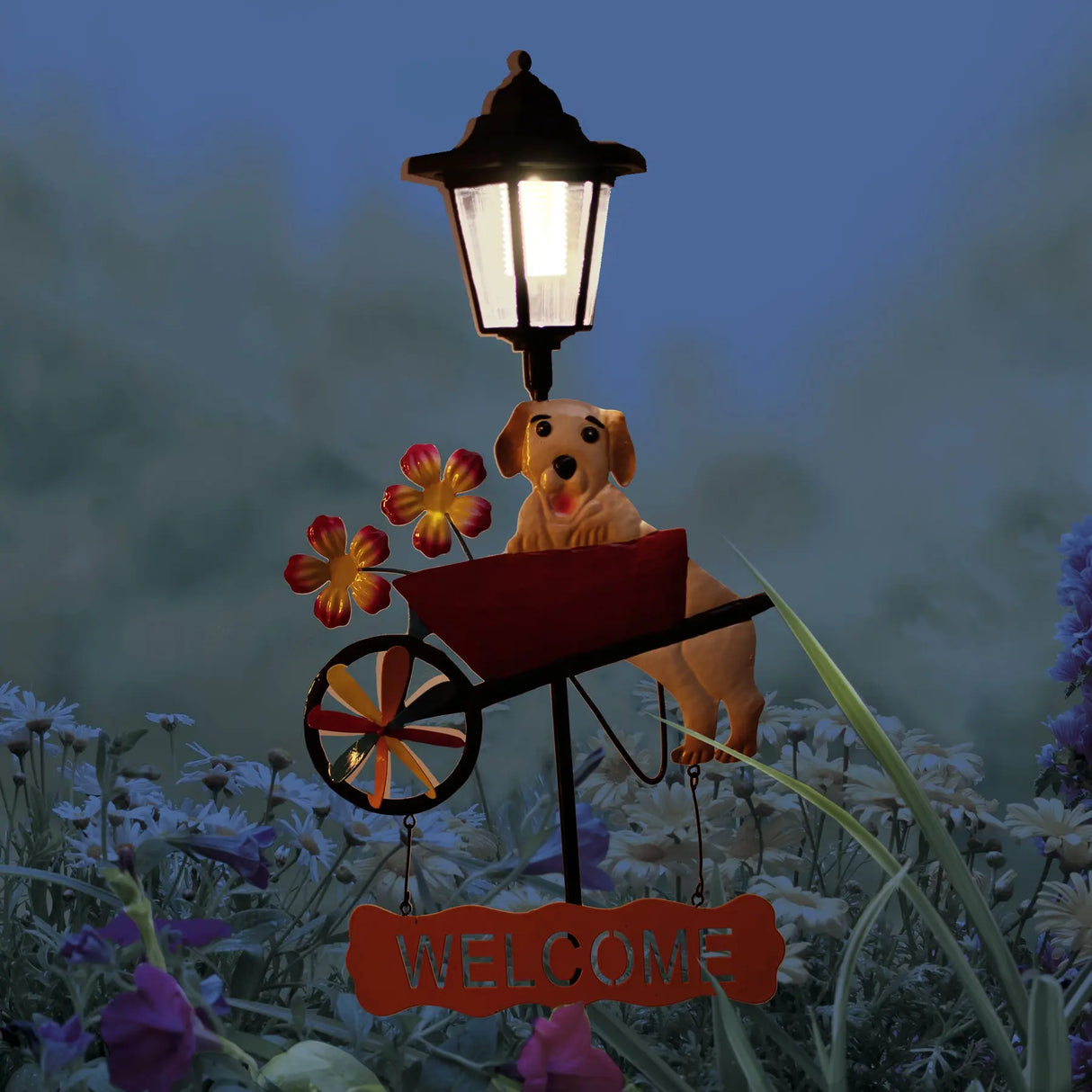 Watering Can and Dog Welcome Sign Solar Garden Stake Crosslight