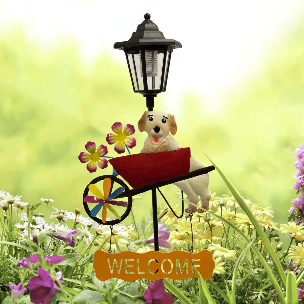 Watering Can and Dog Welcome Sign Solar Garden Stake Crosslight