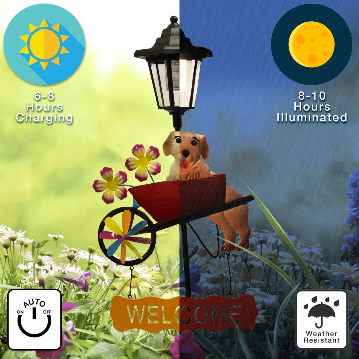 Watering Can and Dog Welcome Sign Solar Garden Stake Crosslight
