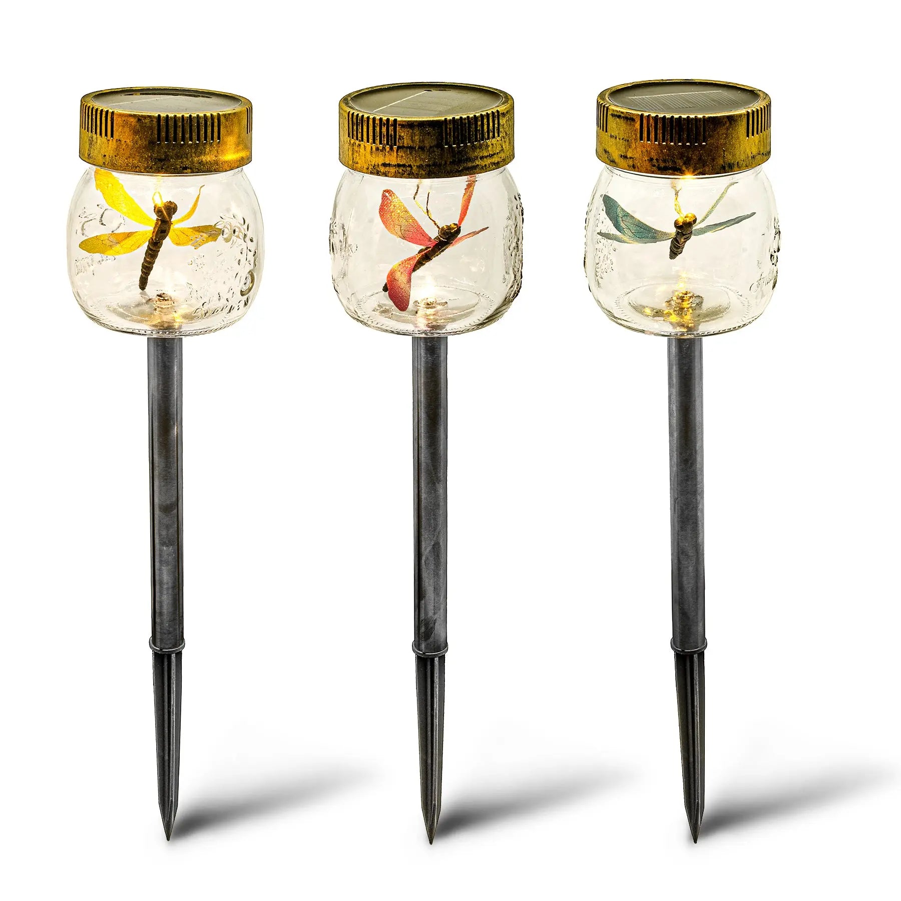 Crosslight 3 Pack Glass Dragonfly in A Jar Stake Lights Solar Waterproof Garden Decor