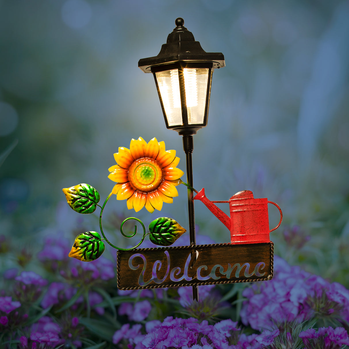 Watering Can Welcome Sign Solar Garden Stake