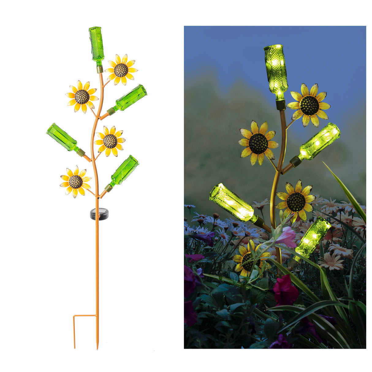 Sunflower and Bottle Solar Garden Stake