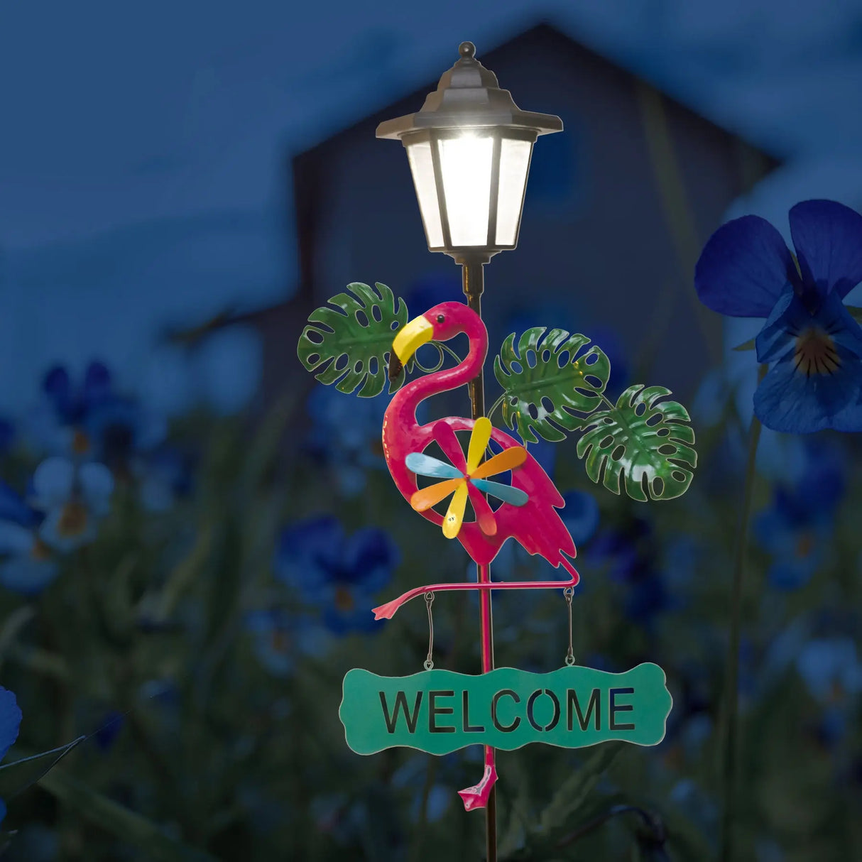 Frog and Flamingo Welcome Sign Solar Garden Stake Crosslight