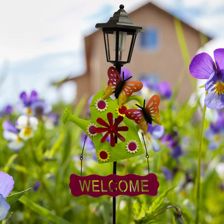 Watering Can and Dog Welcome Sign Solar Garden Stake Crosslight