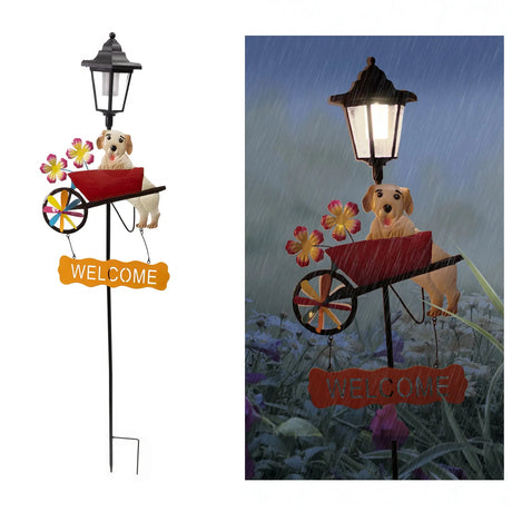 Watering Can and Dog Welcome Sign Solar Garden Stake Crosslight